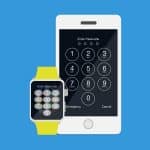 Illustration of a white smartphone and a smartwatch with a yellow band, both displaying passcode entry screens reminiscent of iOS 12. The screens show a numeric keypad inviting the user to enter a passcode. The background is a solid blue color.