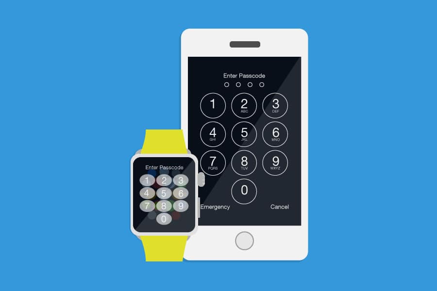 Illustration of a white smartphone and a smartwatch with a yellow band, both displaying passcode entry screens reminiscent of iOS 12. The screens show a numeric keypad inviting the user to enter a passcode. The background is a solid blue color.