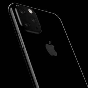 A black iPhone with triple-lens cameras and flash on the top left corner on the back. The phone has a sleek, glossy finish and an Apple logo in the center. The device is angled slightly to the left, showcasing its slim profile against a black background.