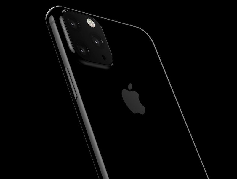 A black iPhone with triple-lens cameras and flash on the top left corner on the back. The phone has a sleek, glossy finish and an Apple logo in the center. The device is angled slightly to the left, showcasing its slim profile against a black background.