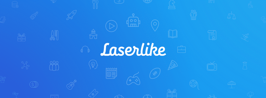 A blue background featuring the word "Laserlike" in the center, written in white script. Surrounding the text are various white line icons, including a robot symbolizing machine learning, a pizza slice, a music note, game controller, books, and other miscellaneous items.