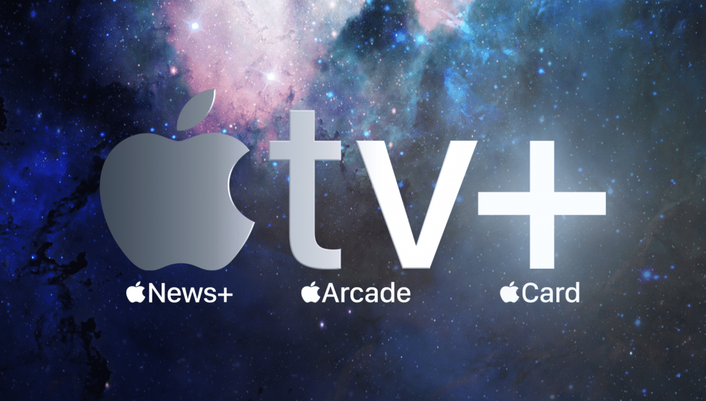 A background of outer space with nebulae and stars showcases the logos for Apple News+, Apple Arcade, Apple TV+, and Apple Card, each with their respective text and an Apple logo beside them. The new stars of Apple's services game, especially the prominently displayed Apple TV+ logo in the center, shine brilliantly.