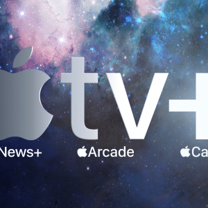 A background of outer space with nebulae and stars showcases the logos for Apple News+, Apple Arcade, Apple TV+, and Apple Card, each with their respective text and an Apple logo beside them. The new stars of Apple's services game, especially the prominently displayed Apple TV+ logo in the center, shine brilliantly.