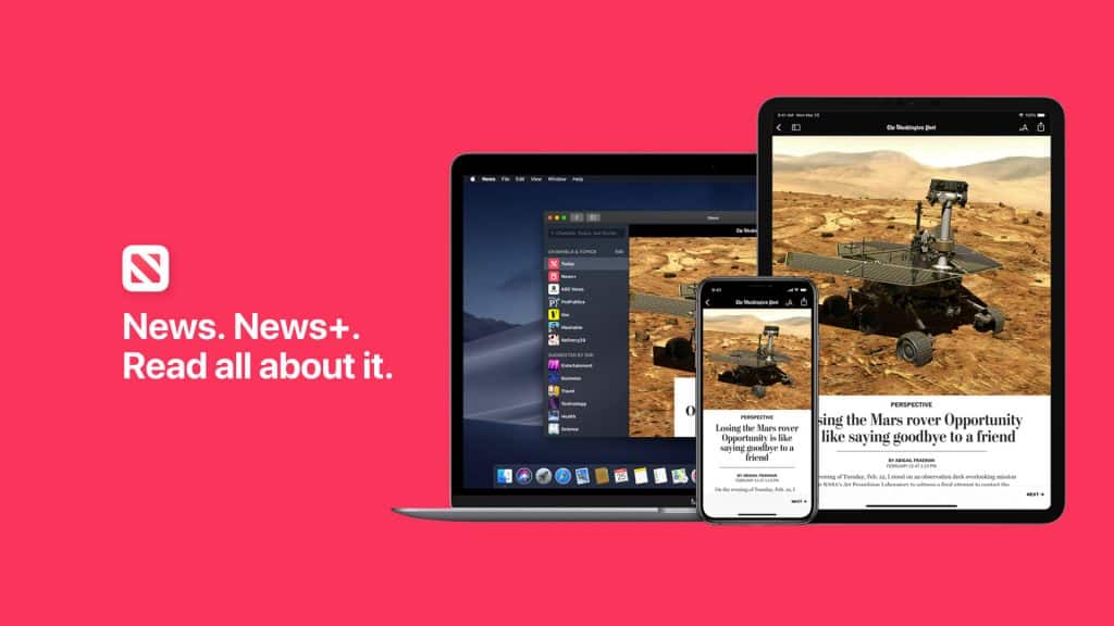 Devices displaying Apple News+ with iOS 12.2 support are set against a red background. The screens show articles about the Mars rover Opportunity. The text on the left reads, "News. News+. Read all about it." Devices include a laptop, tablet, and smartphone.