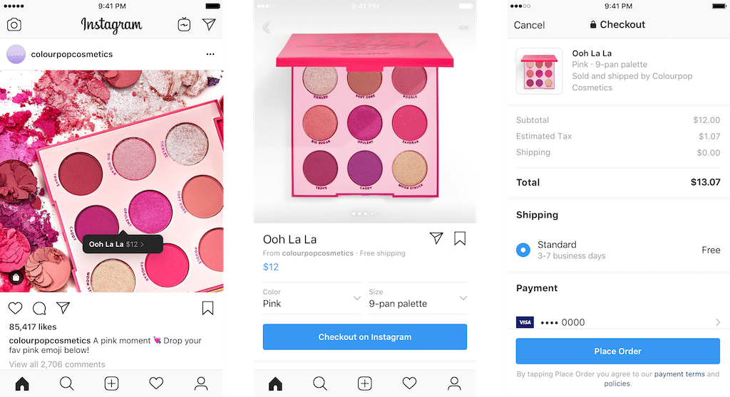 Three screenshots from the Instagram app show a pink-toned eye shadow palette being marketed. The first screen displays an Instagram post from "colourpopcosmetics," the second screen is a product purchase page for the palette, and the third screen shows the checkout page, highlighting Instagram shopping's seamless experience to buy products without leaving the platform.