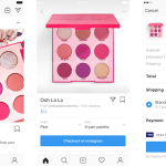 Three screenshots from the Instagram app show a pink-toned eye shadow palette being marketed. The first screen displays an Instagram post from "colourpopcosmetics," the second screen is a product purchase page for the palette, and the third screen shows the checkout page, highlighting Instagram shopping's seamless experience to buy products without leaving the platform.