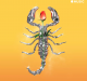 A metallic silver scorpion holds a red rose in its claws, set against a bright yellow background. The Apple Music logo is displayed in the top right corner, promoting an exclusive Apple Music playlist. The scorpion and rose are shiny, reflecting light and casting small sparkles.