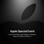 Black background with an Apple logo and text in the center. The text reads: "Apple Special Event: Show Time. Live from the Steve Jobs Theater in Cupertino. March 25, 2019, at 10:00 a.m.