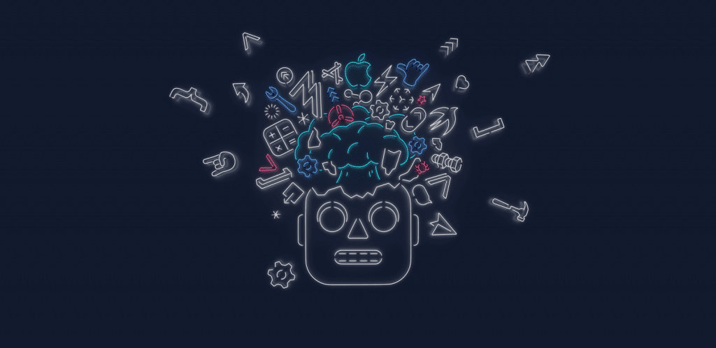 Stylized neon line art of a robotic head with its brain exposed. Various icons like the Apple logo, gears, chat bubbles, and arrows emanate from the brain, reminiscent of innovations showcased at WWDC 2019 on June 3. This explosion of ideas and technology is set against a dark background.