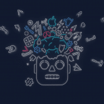 Stylized neon line art of a robotic head with its brain exposed. Various icons like the Apple logo, gears, chat bubbles, and arrows emanate from the brain, reminiscent of innovations showcased at WWDC 2019 on June 3. This explosion of ideas and technology is set against a dark background.