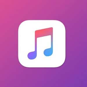 The image features the Apple Music logo, a white square with rounded corners containing a multicolored music note transitioning from pink at the top to blue at the bottom, set against a gradient background of purple and pink, emphasizing its role in increasing music royalties for artists.