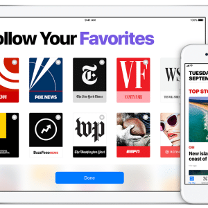 A tablet and a smartphone displaying news apps. The tablet screen shows logos of various news sources like CNN, Fox News, and The New York Times under the title "Follow Your Favorites." The smartphone screen displays a news article about a new island off North Carolina. Nearby is an alert about an Apple News Subscription leak.