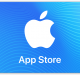 Blue gift card with a white Apple logo in the center and "App Store" written below in white text. The background features a subtle wave pattern, ideal for an Apple ID top-up promotion.