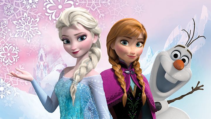 Animated characters stand together against a background of snowflakes and ice castles. From left to right: a woman with long, blonde hair in a blue dress, a woman with red hair in braids wearing a magenta cape, and a smiling snowman with a carrot nose. Discover this classic on the Disney Streaming Service.