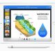 An iPad screen displays a colorful diagram explaining a watershed, with graphics illustrating precipitation, tributaries, floodplain, and river mouth. The left toolbar shows thumbnails of additional slides created with iWork. An Apple Pencil rests below the iPad running on iOS.