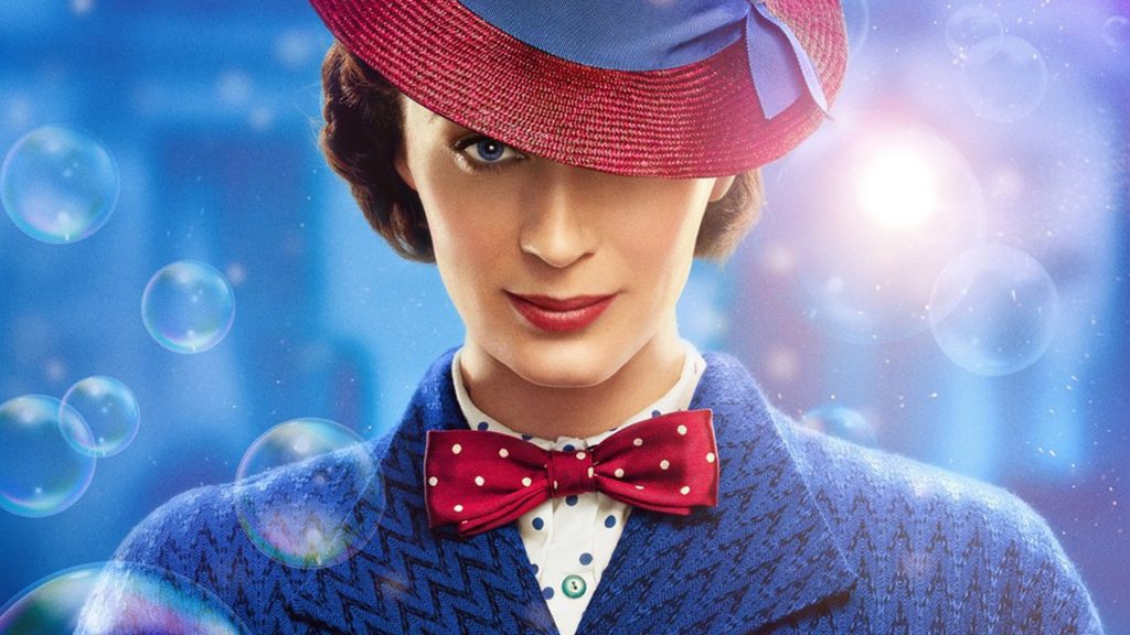 A woman in a blue coat, white polka-dotted shirt, and red polka-dotted bow tie smiles slightly. She wears a red hat with a blue band tilted over one eye. The background is blue with floating bubbles and a burst of light on the right side, reminiscent of *Mary Poppins Returns* you might find reviewed on iTunes.