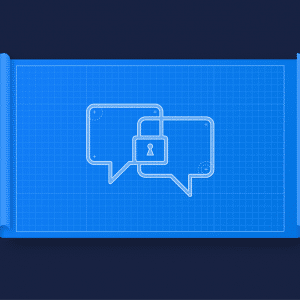 A blueprint-style illustration depicts two speech bubbles, one overlapping the other, with a lock symbol in the center where they intersect. The image suggests secure or encrypted communication, possibly hinting at privacy features. The background is dark blue with a grid pattern, reminiscent of tech updates like Messenger Changes.