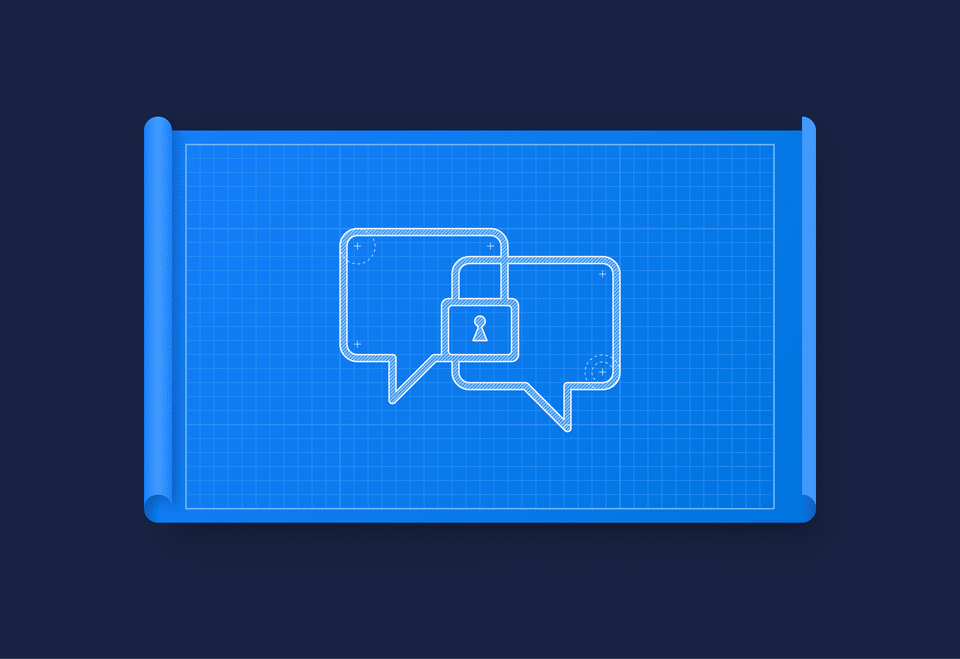 A blueprint-style illustration depicts two speech bubbles, one overlapping the other, with a lock symbol in the center where they intersect. The image suggests secure or encrypted communication, possibly hinting at privacy features. The background is dark blue with a grid pattern, reminiscent of tech updates like Messenger Changes.