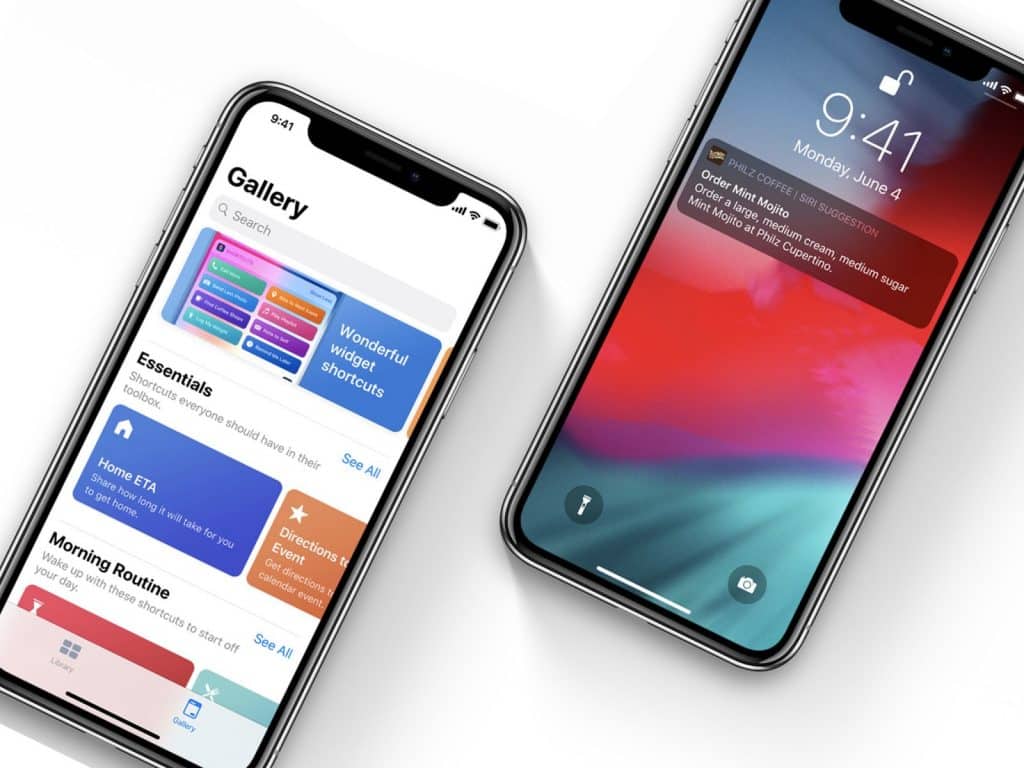 Two smartphones are shown from a top-down view. The left phone, running iOS 12.2, displays a gallery of widgets, and the right phone shows a lock screen with notifications and the time set to 9:41. Both phones have sleek designs and are set against a white background.