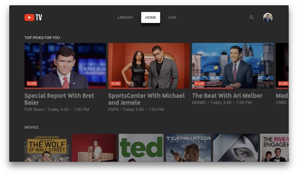 A YouTube TV interface displaying various programs. "Special Report with Bret Baier" on FOX News, "SportsCenter with Michael and Jemele" on ESPN, and "The Beat with Ari Melber" on MSNBC are listed under "Top Picks for You." Other thumbnails are partially visible below, offering a rich experience for Live TV subscribers.