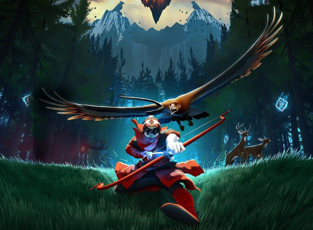 A stylized image of a masked archer in red attire drawing a bow, with a large eagle flying overhead. The scene evokes next-generation gaming, set in a vibrant forest with luminescent symbols and deer in the background. Snow-capped mountains and a floating landmass appear in the distance.