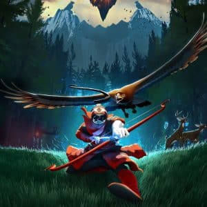 A stylized image of a masked archer in red attire drawing a bow, with a large eagle flying overhead. The scene evokes next-generation gaming, set in a vibrant forest with luminescent symbols and deer in the background. Snow-capped mountains and a floating landmass appear in the distance.