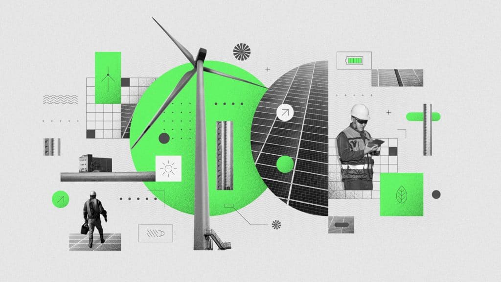 Collage featuring a wind turbine, solar panels, and construction workers in safety gear. Abstract geometric shapes and technology-related icons, including energy symbols, seamlessly integrate into the design, promising a future driven by renewable energy and sustainable technology.