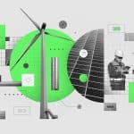 Collage featuring a wind turbine, solar panels, and construction workers in safety gear. Abstract geometric shapes and technology-related icons, including energy symbols, seamlessly integrate into the design, promising a future driven by renewable energy and sustainable technology.