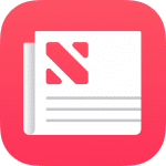 A flat design icon of a newspaper on a gradient red background. The newspaper, representing Apple News+, features angular, red shapes on the upper half for headlines or images and three horizontal gray lines on the lower half for text—perfect for subscribers anticipating the latest launch.