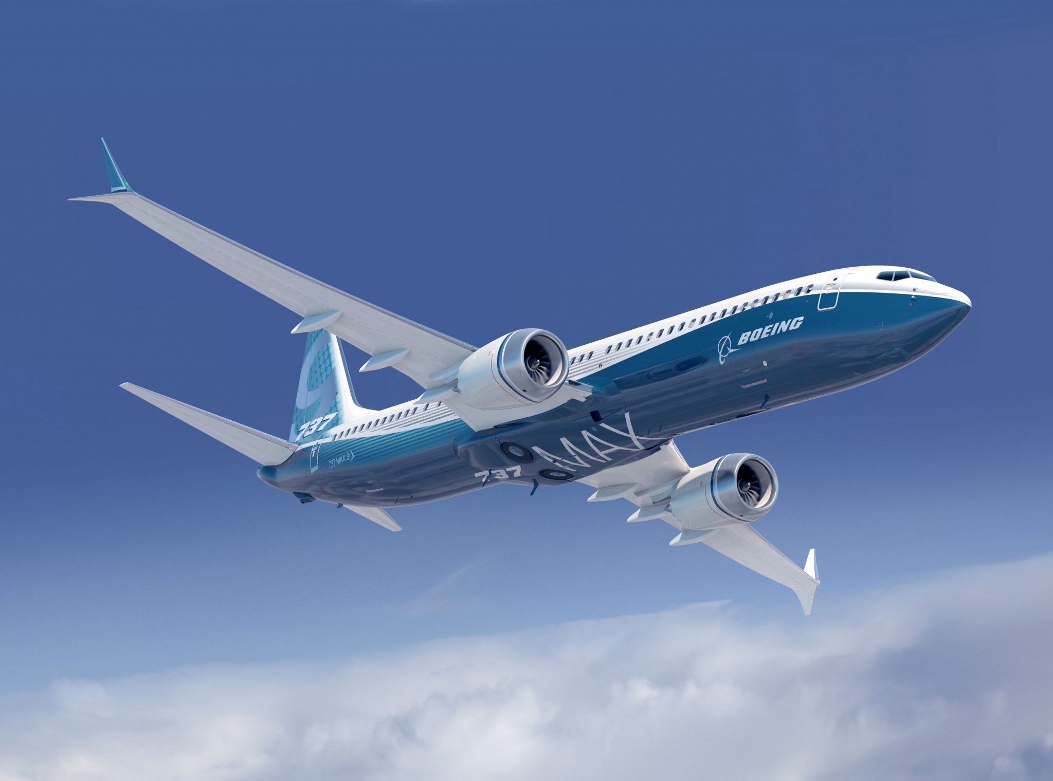 An airplane with blue and white livery marked "Boeing 737 MAX" ascends in a clear blue sky with a few clouds below. The aircraft, featuring automated systems and two engines mounted under its wings, boasts a sleek, modern design.