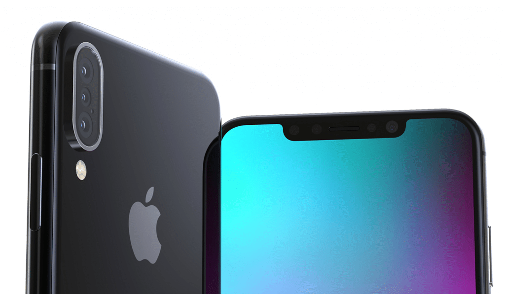 Image of two black OLED iPhones from 2020. The front smartphone screen displays multiple front-facing sensors, while the rear smartphone showcases a dual camera setup with a flash and the Apple logo. Both devices have sleek, modern designs.