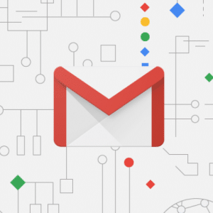 A Gmail logo, featuring a stylized red and white envelope, is centered against a background of abstract geometric lines and shapes in various colors, including red, green, blue, and yellow—highlighting the new Gmail update with its Send Later feature.