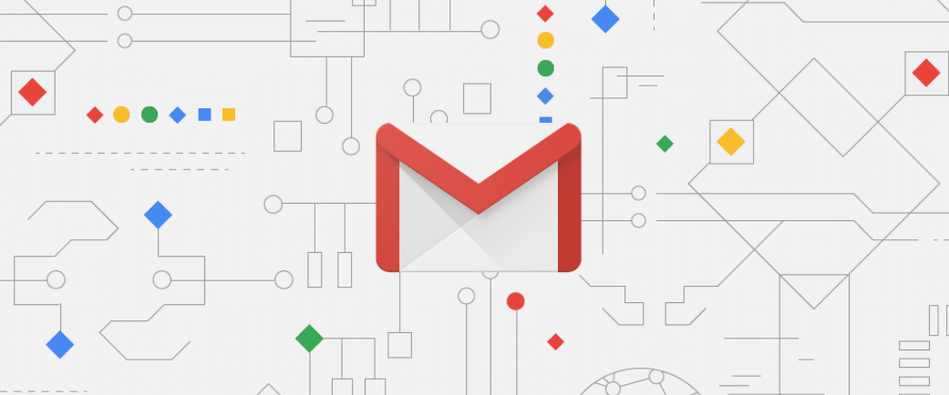 A Gmail logo, featuring a stylized red and white envelope, is centered against a background of abstract geometric lines and shapes in various colors, including red, green, blue, and yellow—highlighting the new Gmail update with its Send Later feature.