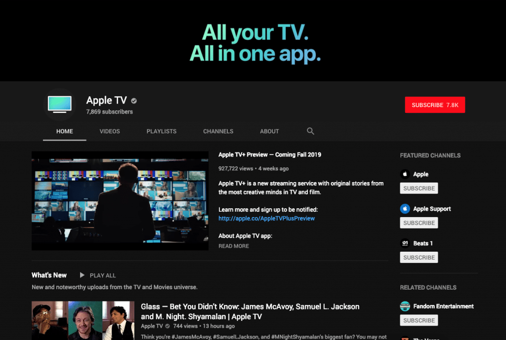 Screenshot of an Apple TV YouTube channel page. The banner says "All your TV. All in one app." This Apple TV Service page shows a preview video, subscription count of 7,869, and featured channels. The sidebar includes sections for Home, Videos, Playlists, Channels, About, and Subscribe button.