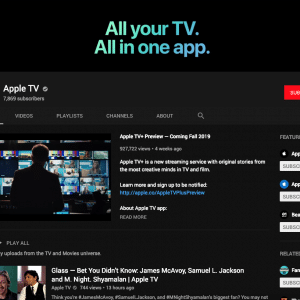 Screenshot of an Apple TV YouTube channel page. The banner says "All your TV. All in one app." This Apple TV Service page shows a preview video, subscription count of 7,869, and featured channels. The sidebar includes sections for Home, Videos, Playlists, Channels, About, and Subscribe button.