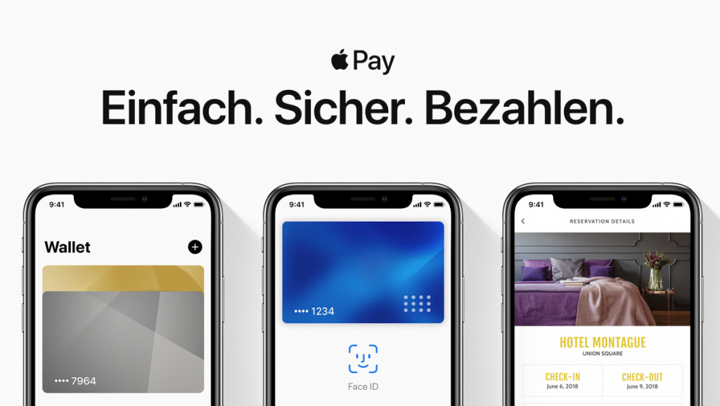 A promotional image for Apple Pay in German with the text "Einfach. Sicher. Bezahlen.". Three iPhone screens illustrate the Wallet app with a card from Erste Bank und Sparkasse in Austria, Face ID payment interface, and a hotel reservation confirmation.