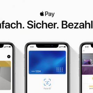 A promotional image for Apple Pay in German with the text "Einfach. Sicher. Bezahlen.". Three iPhone screens illustrate the Wallet app with a card from Erste Bank und Sparkasse in Austria, Face ID payment interface, and a hotel reservation confirmation.