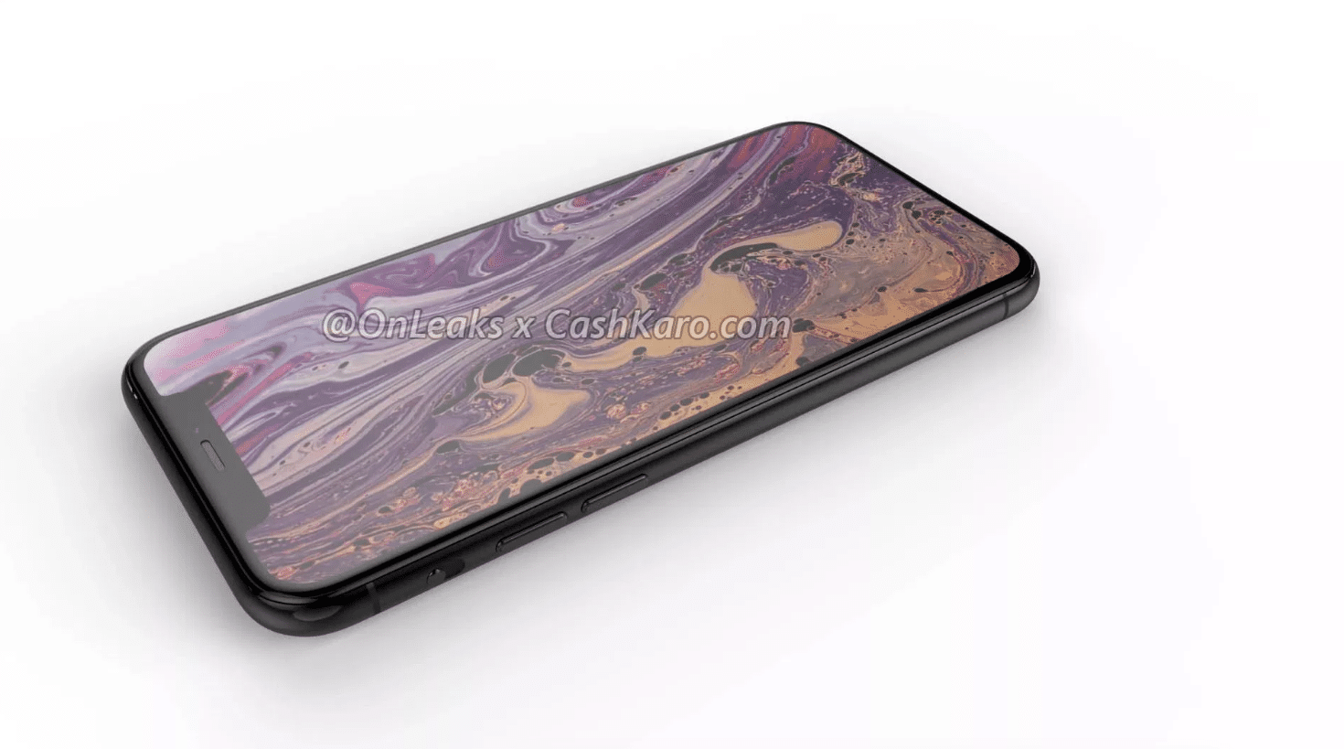 A smartphone with a large screen displaying a marbled pattern with purple and beige swirls is shown at an angle. The renders highlight its dual rear camera setup and physical buttons on the side. Text “©OnLeaks x CashKaro.com” is superimposed on the screen, reminiscent of 2019 models of the iPhone.