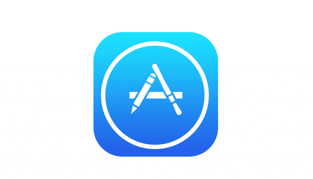 The image shows the Apple App Store logo, consisting of a stylized white "A" formed by a pencil, a paintbrush, and a ruler, inside a white circle. The background is a gradient from blue at the bottom to cyan at the top—perfect for signing up for new subscriptions to enhance your Apple experience.