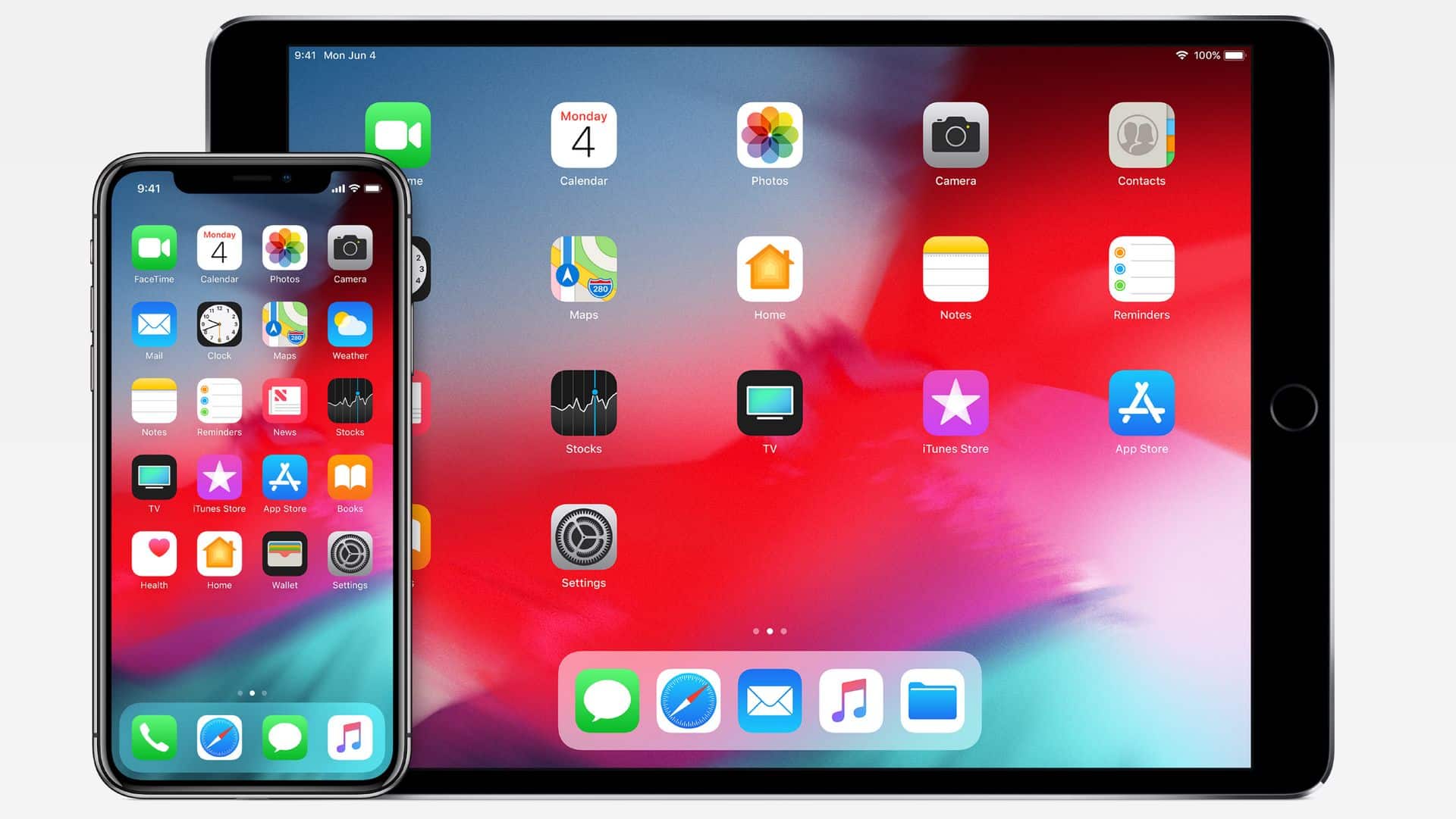 An iPhone and an iPad are shown side by side, both running iOS 13. Their screens display a colorful background with various app icons like Mail, Calendar, Photos, Camera, Contacts, Maps, and Settings. The iPad is in landscape mode for multitasking, while the iPhone is in portrait mode.