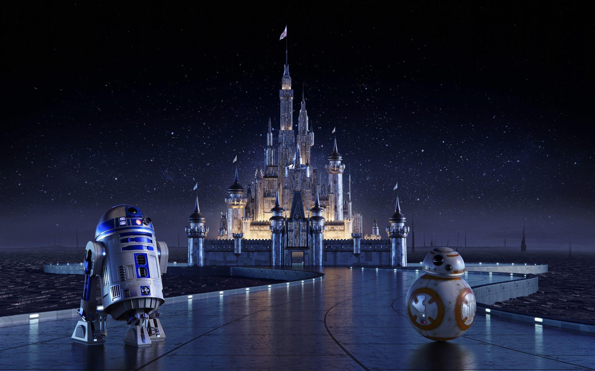 R2-D2 and BB-8, two Star Wars droids, stand on a reflective path leading to a brightly lit castle against a starry night sky. The large, ornate castle has a fairy-tale charm and suggests a magical blend of Star Wars and Disney+ universes.