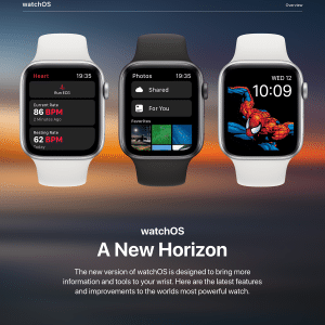 The image showcases three smartwatches with different displays. The left watch shows heart rate data, the middle one displays photo sharing options, and the right one features a date and Spider-Man graphic. Text below announces watchOS 6, a new concept revealed at WWDC 2019, with enhanced tools.