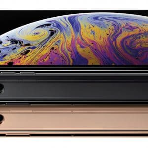 Three sleek, modern smartphones are shown in black, gray, and gold colors, stacked horizontally. The top iPhone's screen displays a vibrant, colorful design resembling a close-up of a planetary surface. The back of each 2019 model features a dual-camera setup with advanced lenses.