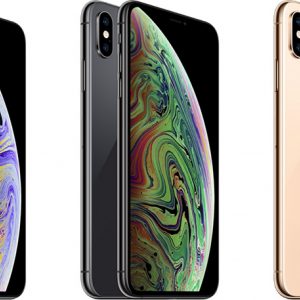 Three iPhones are displayed vertically next to each other. From left to right, the phones are colored silver, space gray, and gold. Each phone features a screen with a vibrant, swirling abstract design. All phones are the same model.