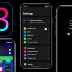 The image showcases three iPhone screens against a black background. The left screen displays an incoming call, the middle shows the "Settings" menu in Dark Mode, and the right shows the home screen with the date and weather. A large iOS 13 logo is on the left, featuring concepts introduced at WWDC 2019.