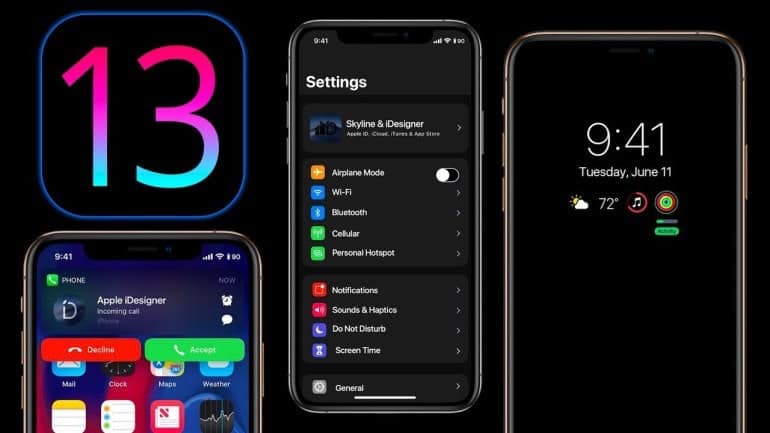 The image showcases three iPhone screens against a black background. The left screen displays an incoming call, the middle shows the "Settings" menu in Dark Mode, and the right shows the home screen with the date and weather. A large iOS 13 logo is on the left, featuring concepts introduced at WWDC 2019.