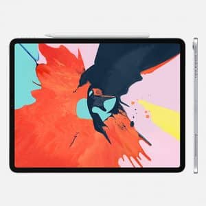 A top view of an Apple iPad Pro with an Apple Pencil attached magnetically to the top edge. The iPad screen displays a vibrant abstract artwork with various colors including red, blue, and orange splashes, set against a white background—a perfect visual for promo videos.