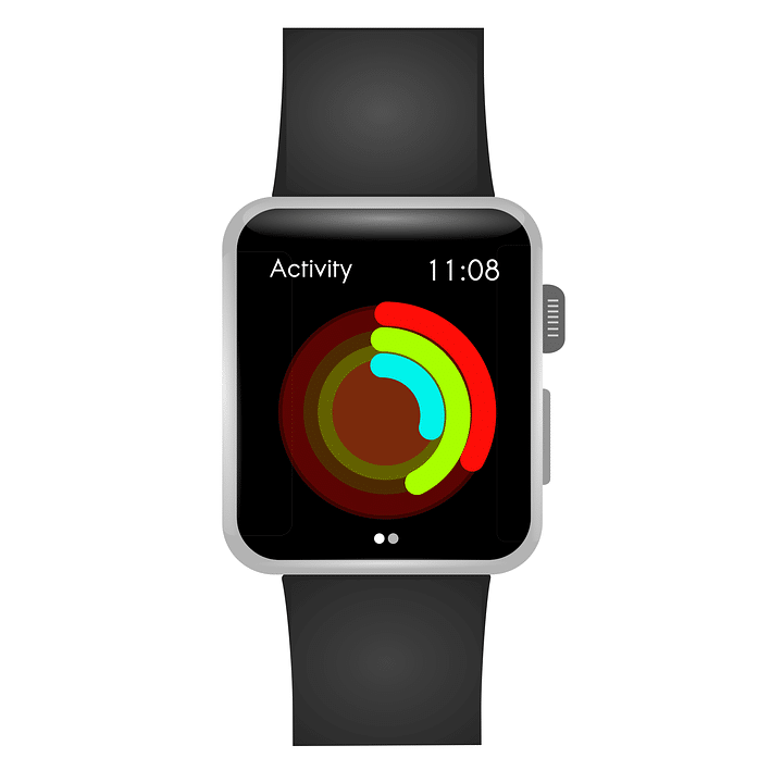 An Apple Watch with a black band displays an activity tracking screen. The screen shows three colored rings representing different metrics, challenging you to complete your daily Activity Challenge. The time "11:08" is visible in the top right corner.