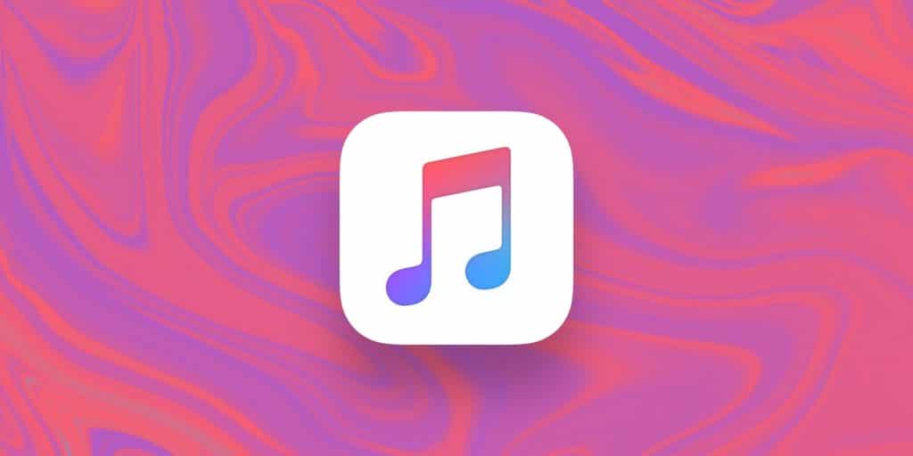 The image shows the Apple Music logo set against a vibrant pink and purple marbled background. The logo consists of a large, white rounded square with a gradient music note in the center, transitioning from red at the top to blue at the bottom. Perfect for those using Apple Music for Mac.