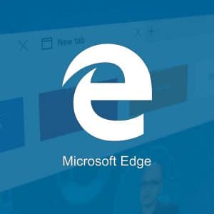 A stylized 'e' logo representing the Microsoft Edge browser is centered on a blue-tinted backdrop of browser interface elements, including tabs and buttons. The words "Microsoft Edge" are displayed below the logo, emphasizing its new browser capabilities for macOS users.